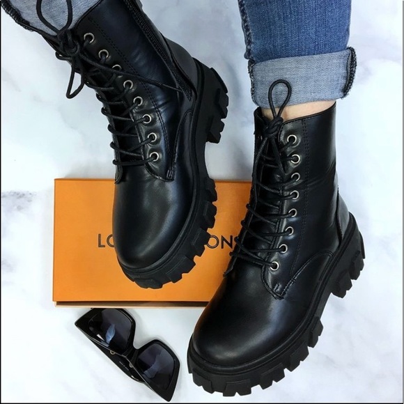 Shoes - BLACK FAUX LEATHER COMBAT BOOTS